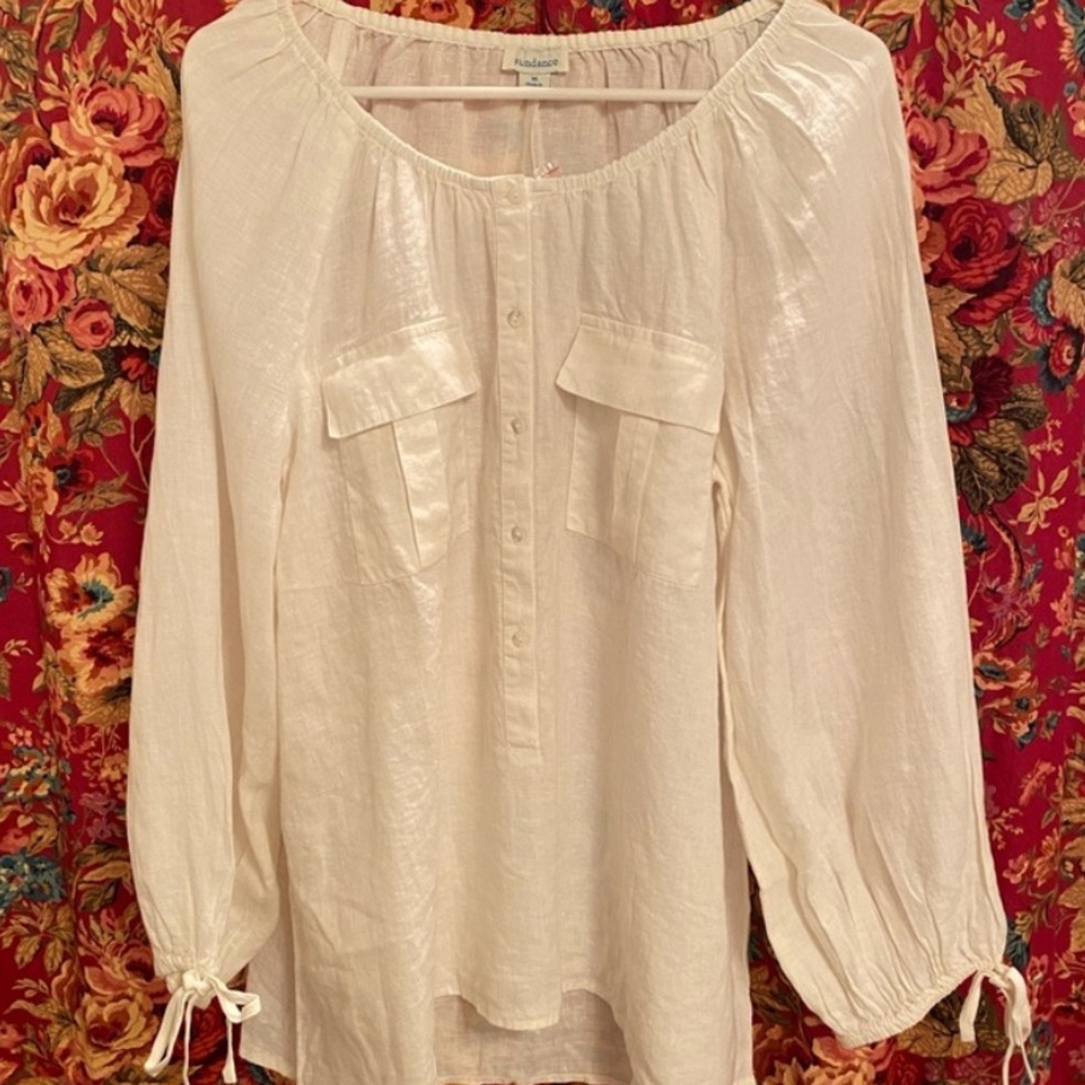 Sundance White Linen 90s Peasant Blouse